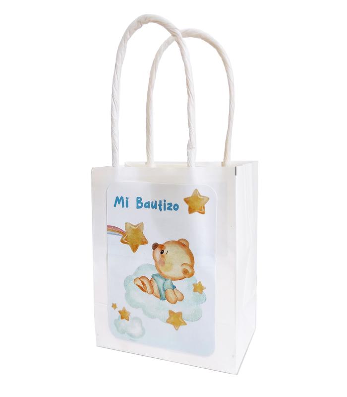 BOLSA BLANCA DE PAPEL CON PEGATINA DE NIÑO DE BAUTIZO