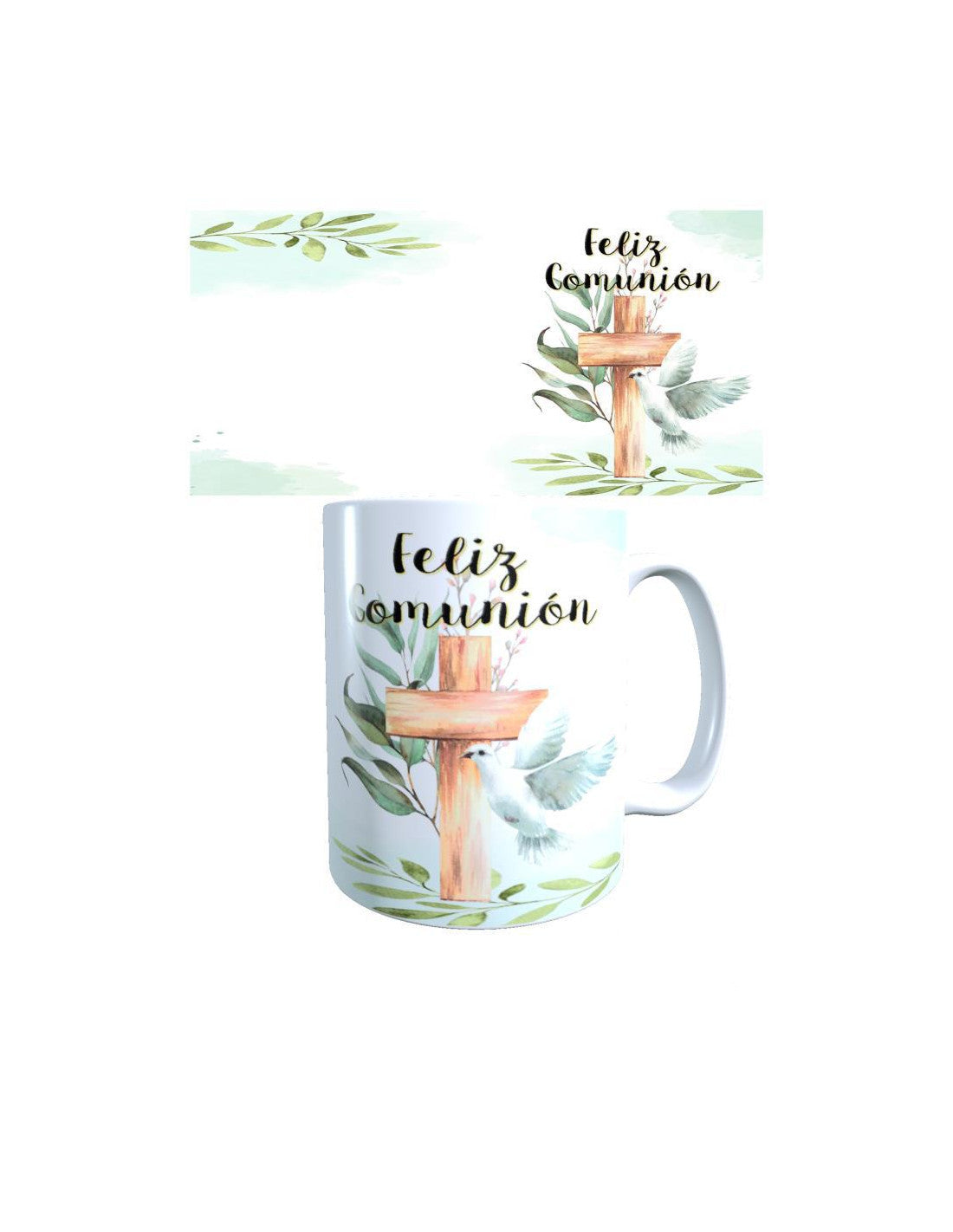 TAZA FRASE FELIZ COMUNIÓN CRUZ Y PALOMA