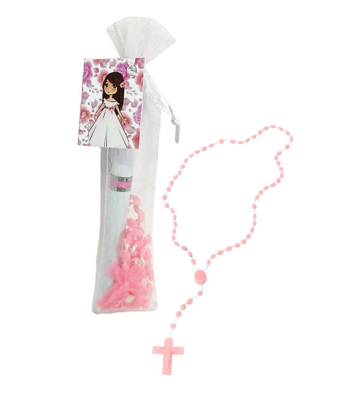 BOLIGRAFO ROSA CON ROSARIO Y BOLSA DE ORGANZA