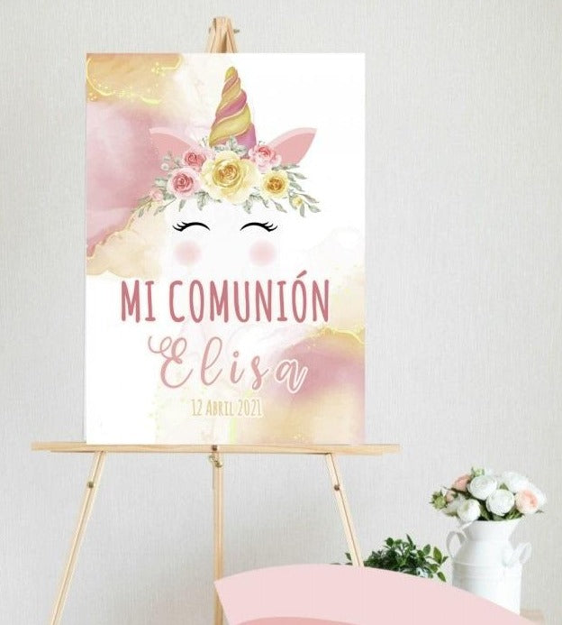 CARTEL BIENVENIDA COMUNIÓN UNICORNIO MADERA