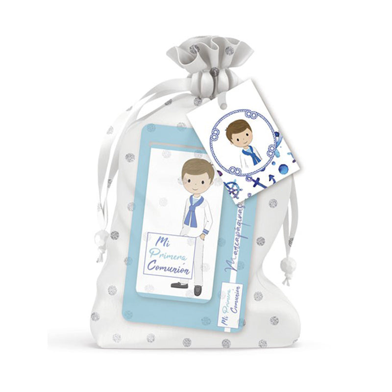 Marcapáginas imantado en bolsa de seda lunares. Niño comunión