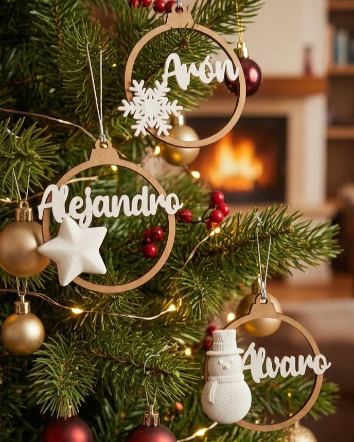 BOLA DE NAVIDAD DE MADERA PERSONALIZADA CON NOMBRE EN IMPRESIÓN 3D