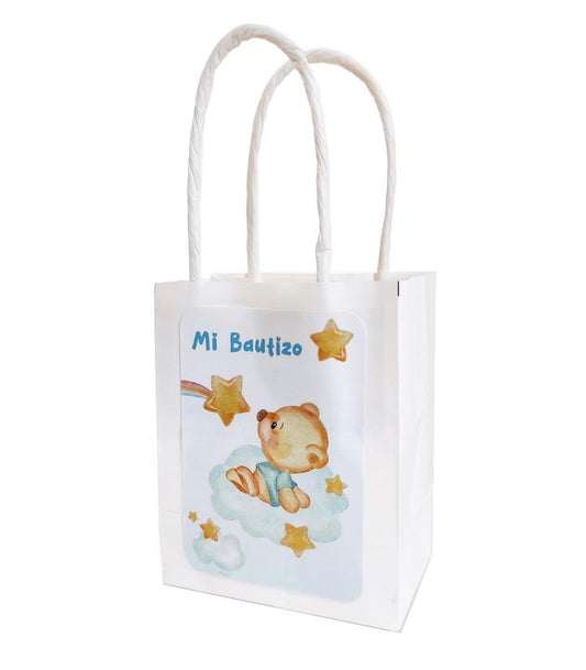 BOLSA BLANCA DE PAPEL CON PEGATINA DE NIÑO DE BAUTIZO