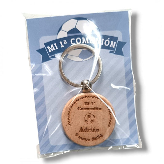 LLAVERO MADERA COMUNIÓN FÚTBOL AZUL