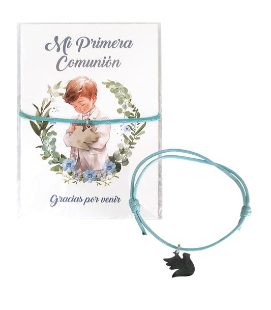 PULSERA CORDÓN AZUL PALOMA COMUNIÓN NIÑO + TARJETA