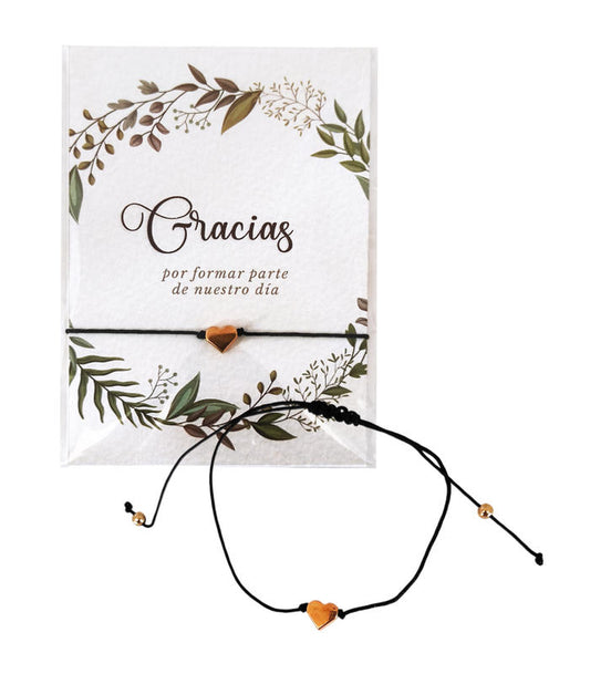 PULSERA CORDÓN NEGRO CORAZÓN DORADO + TARJETA