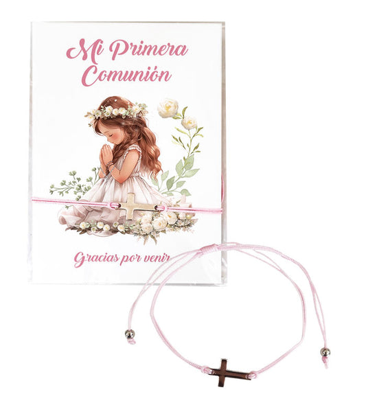 PULSERA CORDÓN ROSA CRUZ COMUNIÓN NIÑA + TARJETA