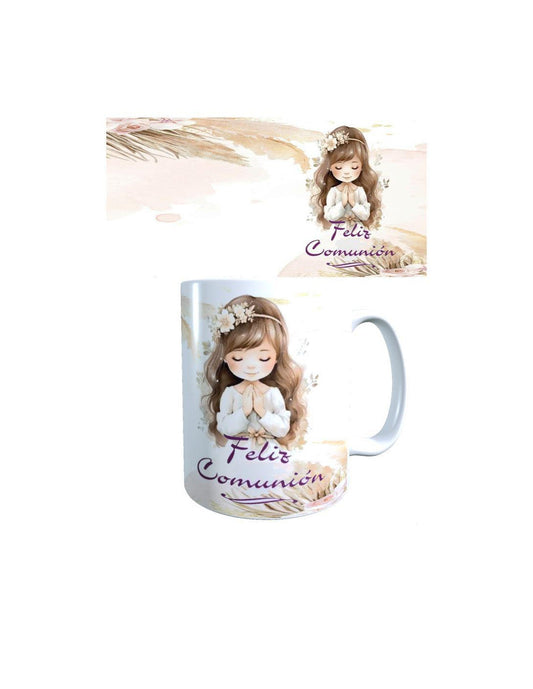 TAZA FRASE FELIZ COMUNIÓN NIÑA MORENA