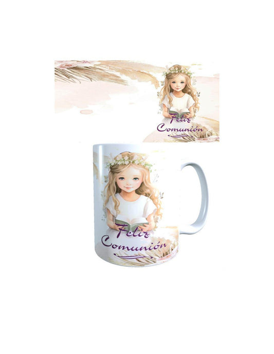 TAZA FRASE FELIZ COMUNIÓN NIÑA RUBIA