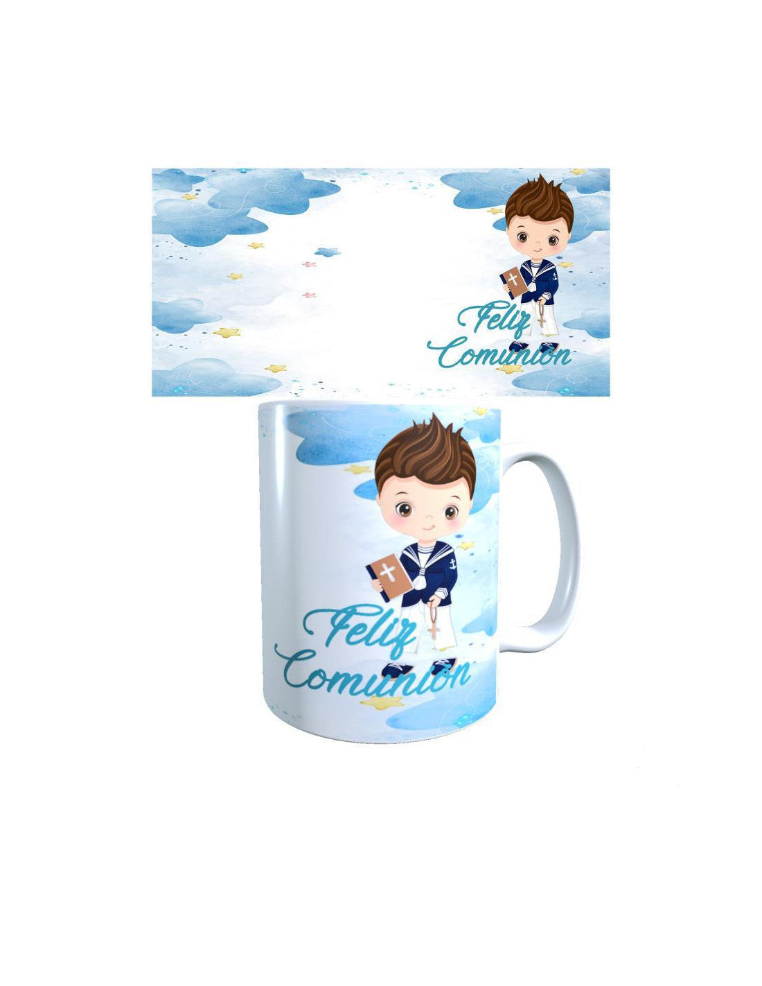TAZA FRASE FELIZ COMUNIÓN NIÑO MORENO