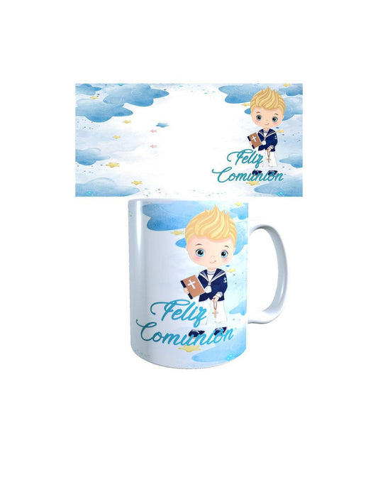 TAZA FRASE FELIZ COMUNIÓN NIÑO RUBIO