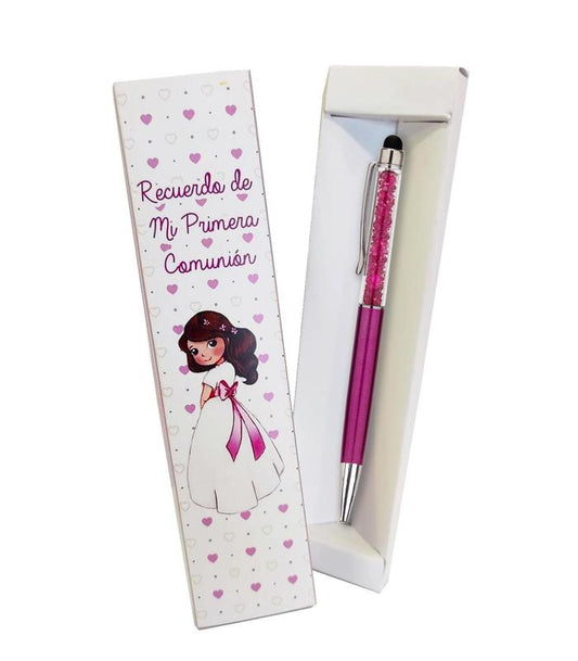 CAJA NIÑA COMUNIÓN CON BOLÍGRAFO ROSA BRILLO