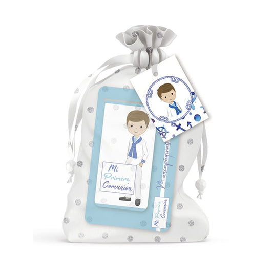 Marcapáginas imantado en bolsa de seda lunares. Niño comunión