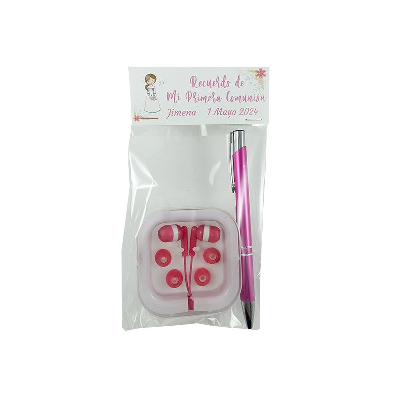 Pack auriculares + bolígrafo rosa