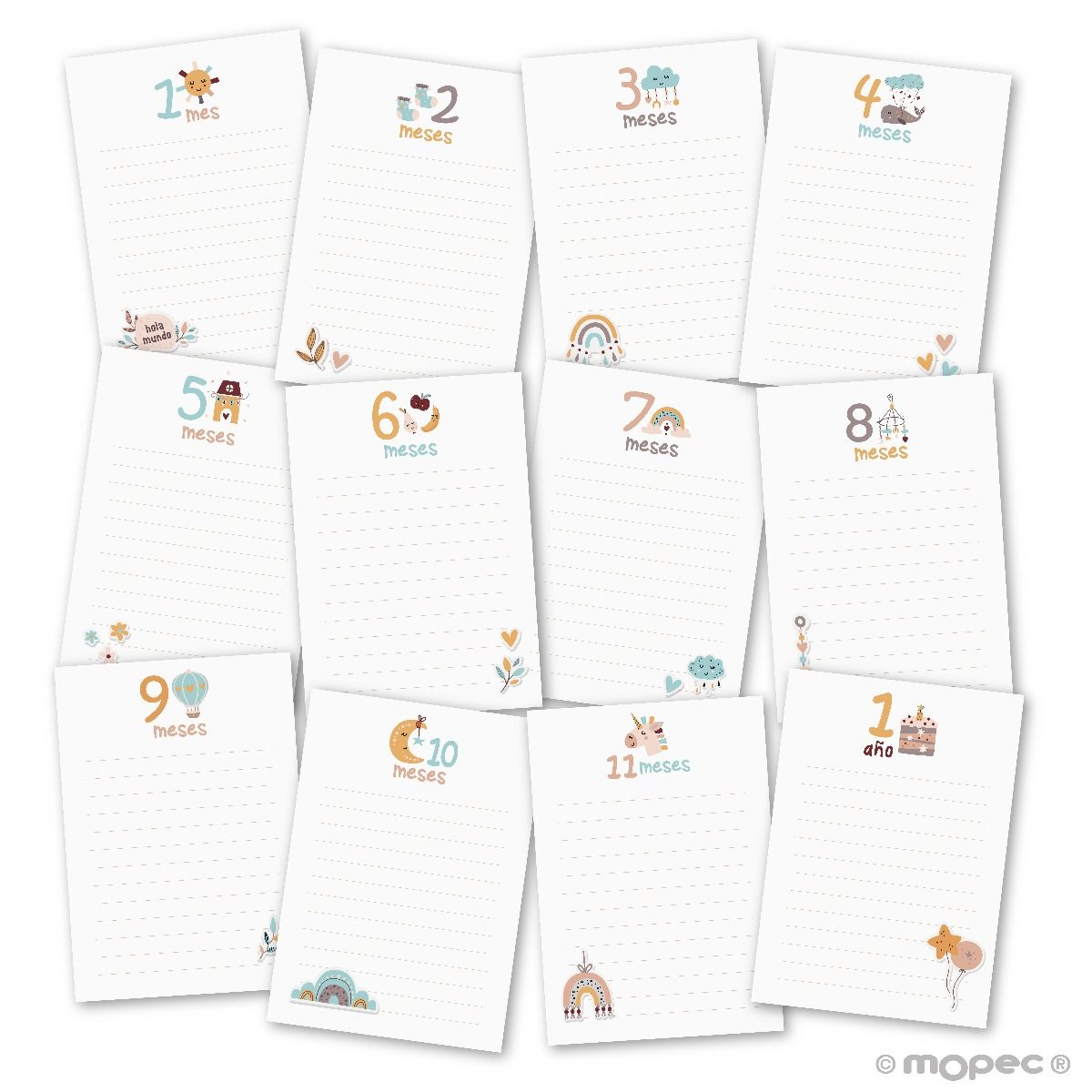 Set 12 tarjetones con dibujitos 12 meses