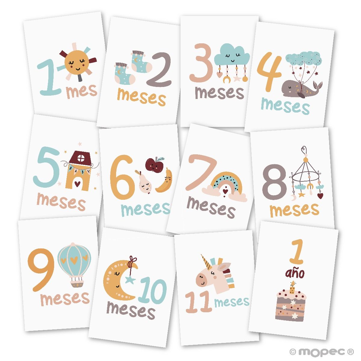 Set 12 tarjetones con dibujitos 12 meses